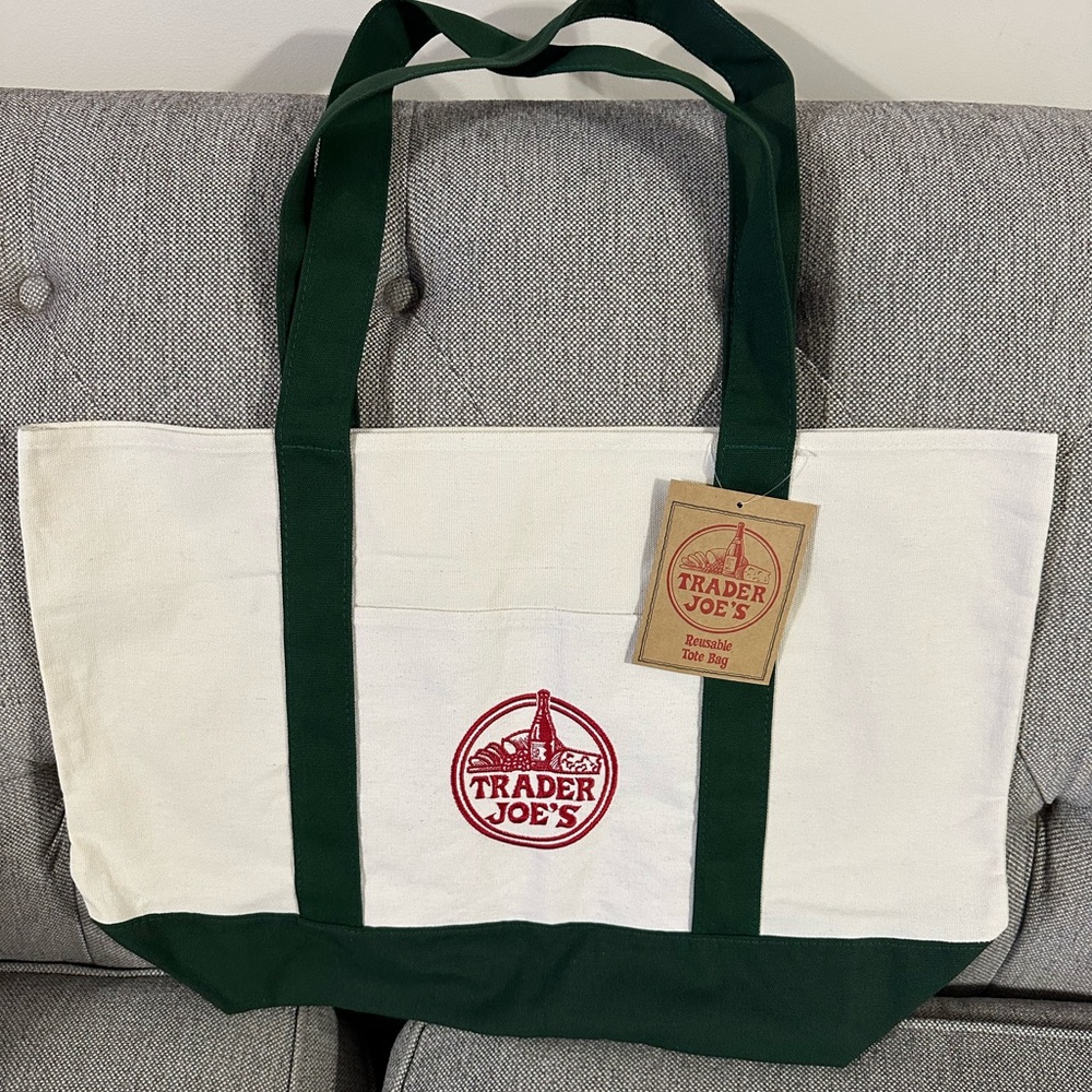 Trader Joe's Cream and Green Canvas Tote Bag